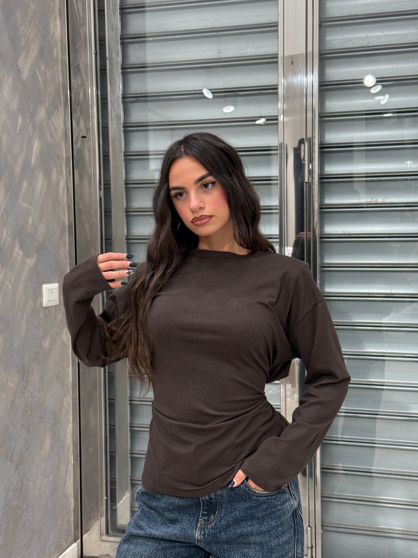 T-SHIRT EFFETTO BUSTINO LUNGA MARRONE