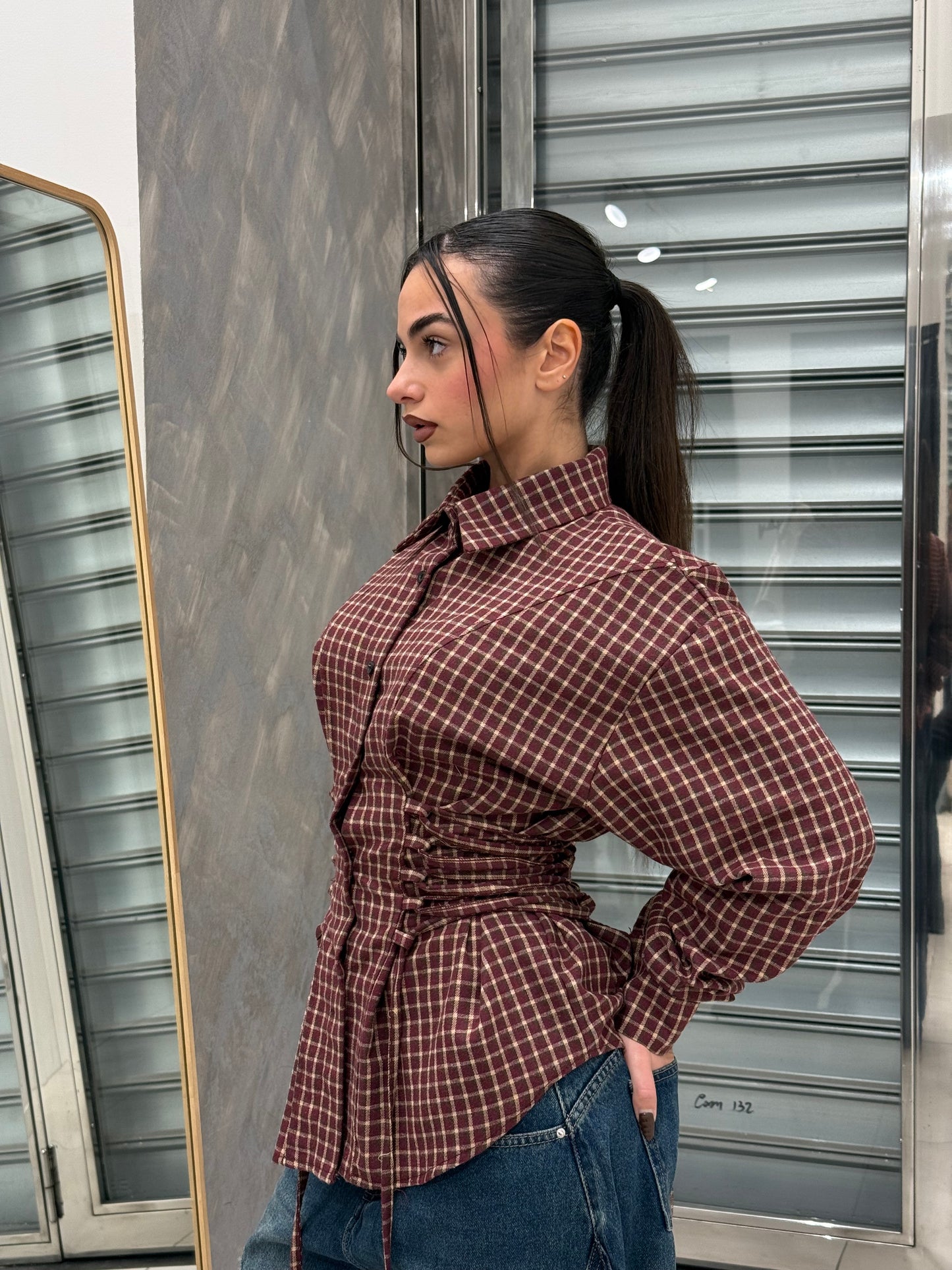 CAMICIA EFFETTO BUSTINO QUADRONI BORDEAUX