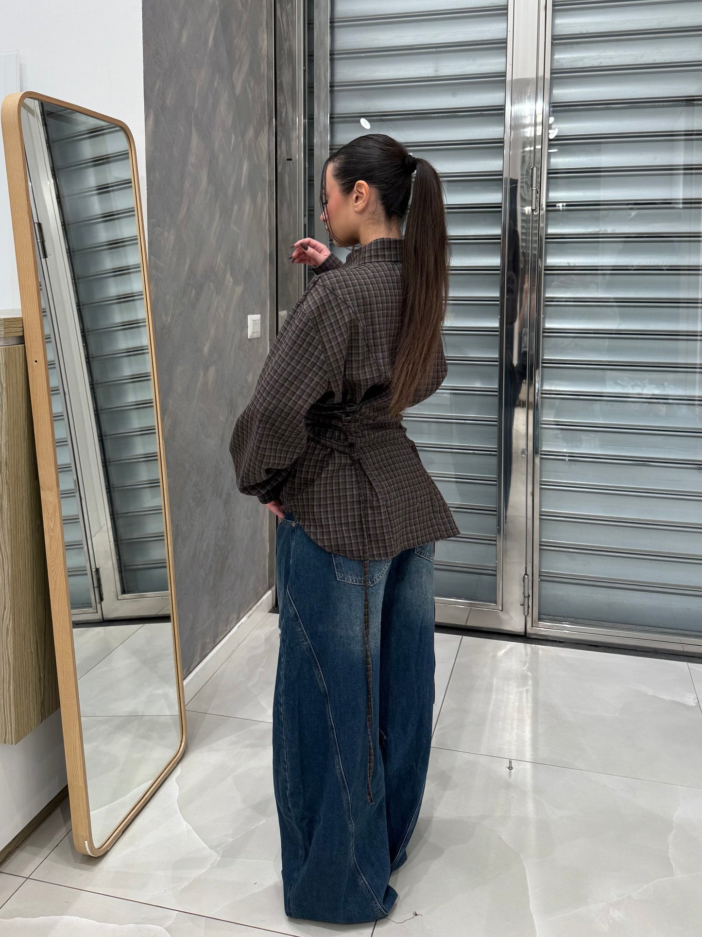 CAMICIA EFFETTO BUSTINO QUADRONI MARRONE