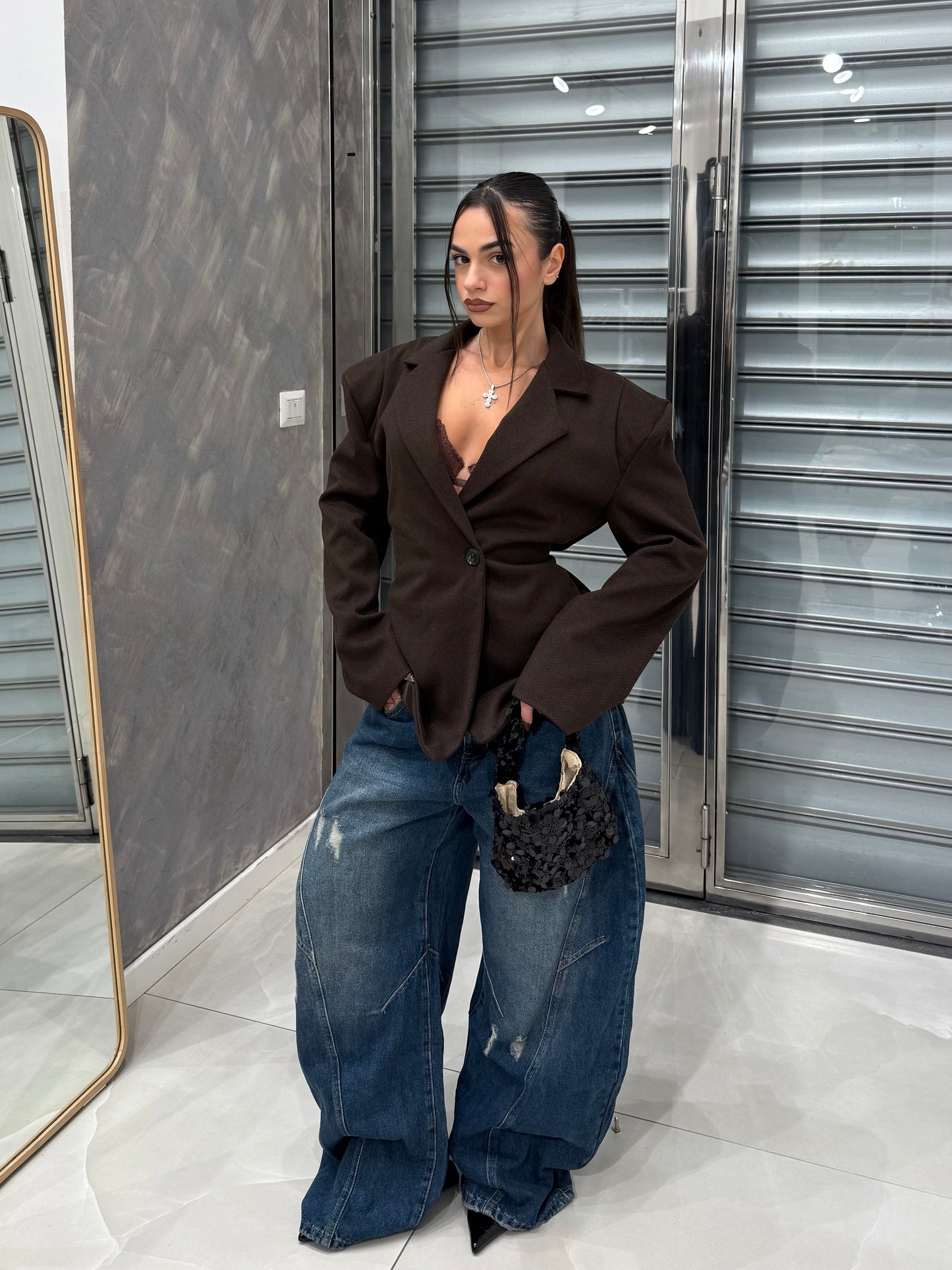 BLAZER EFFETTO BUSTINO CHIUSURA ASIMMETRICA MARRONE