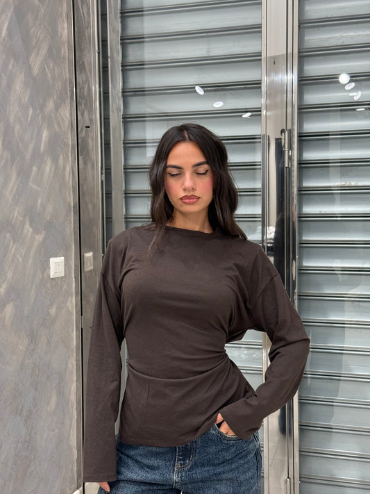 T-SHIRT EFFETTO BUSTINO LUNGA MARRONE