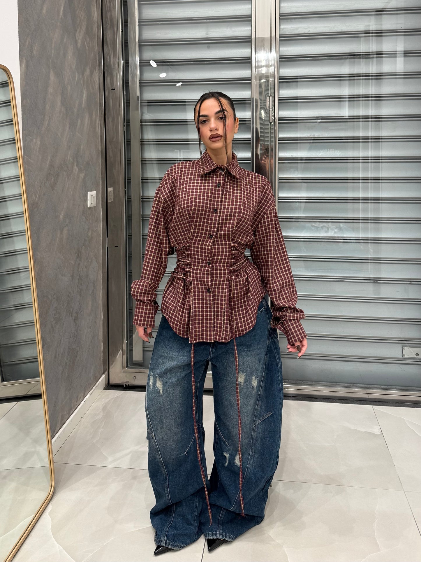 CAMICIA EFFETTO BUSTINO QUADRONI BORDEAUX