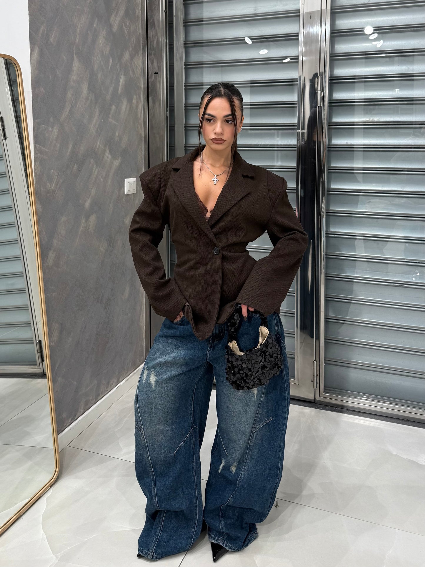 BLAZER EFFETTO BUSTINO CHIUSURA ASIMMETRICA MARRONE