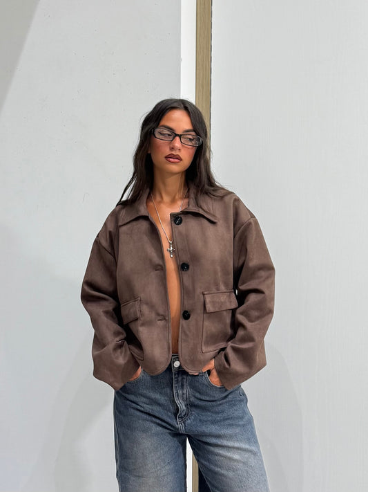CROP JACKET IN CAMOSCIO MARRONE