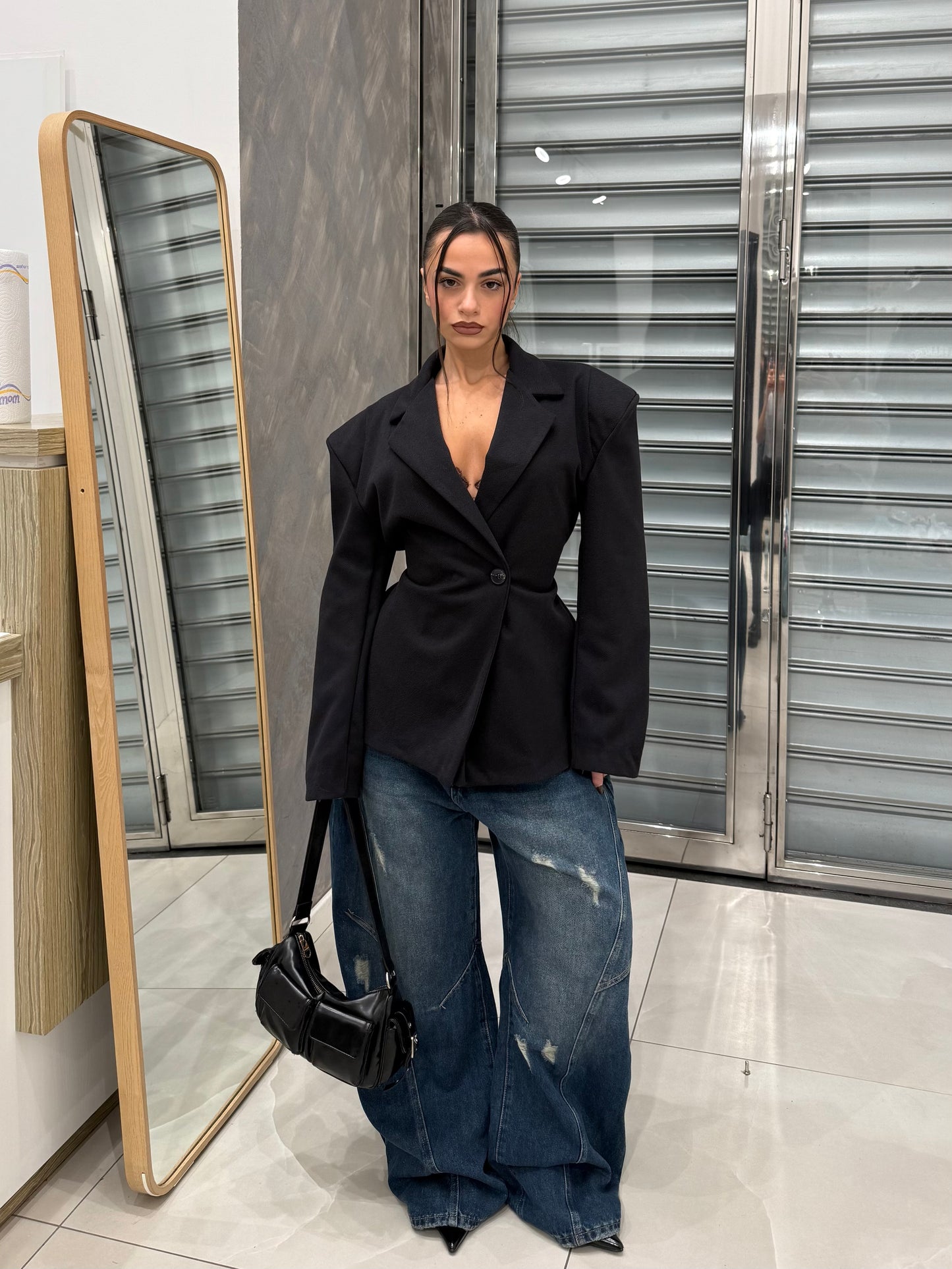 BLAZER EFFETTO BUSTINO CHIUSURA ASIMMETRICA NERO