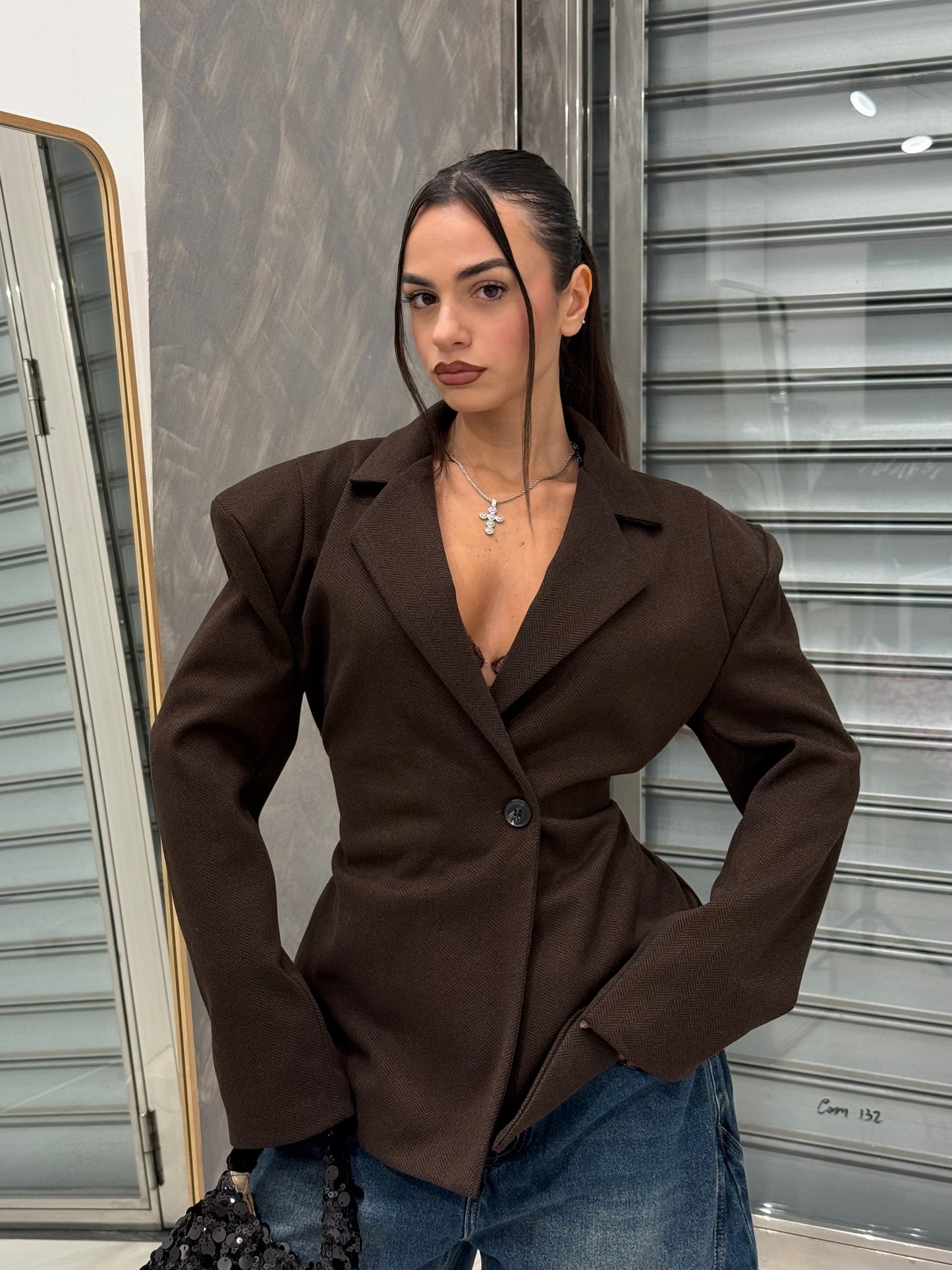 BLAZER EFFETTO BUSTINO CHIUSURA ASIMMETRICA MARRONE