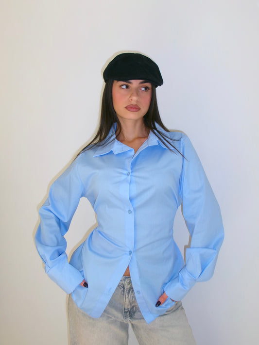 CAMICIA EFFETTO BUSTINO IN COTONE AZZURRA