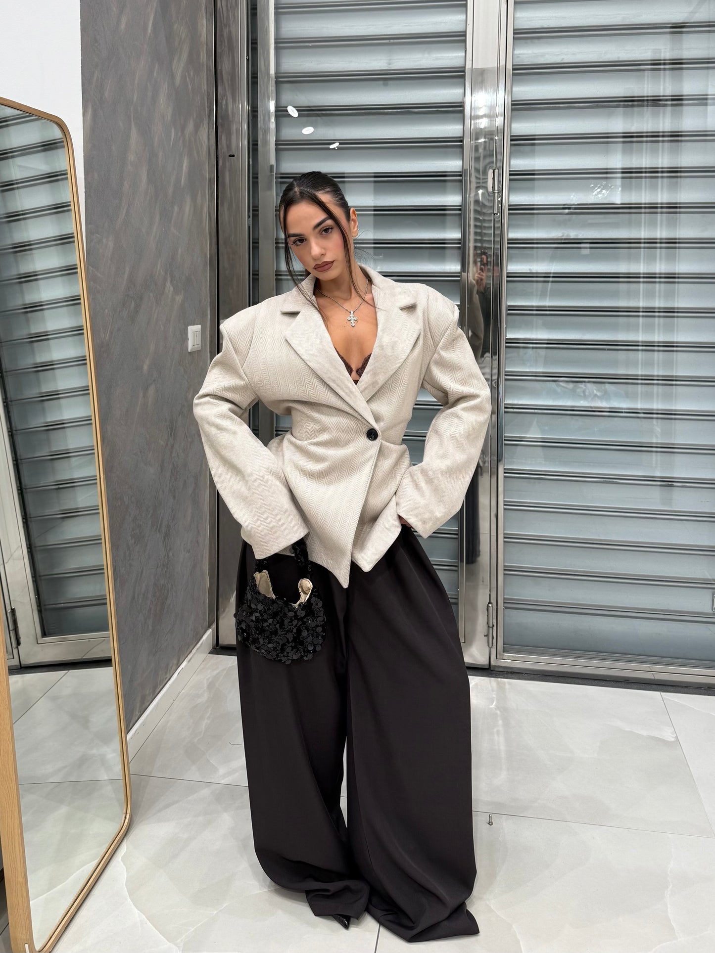 BLAZER EFFETTO BUSTINO CHIUSURA ASIMMETRICA PANNA