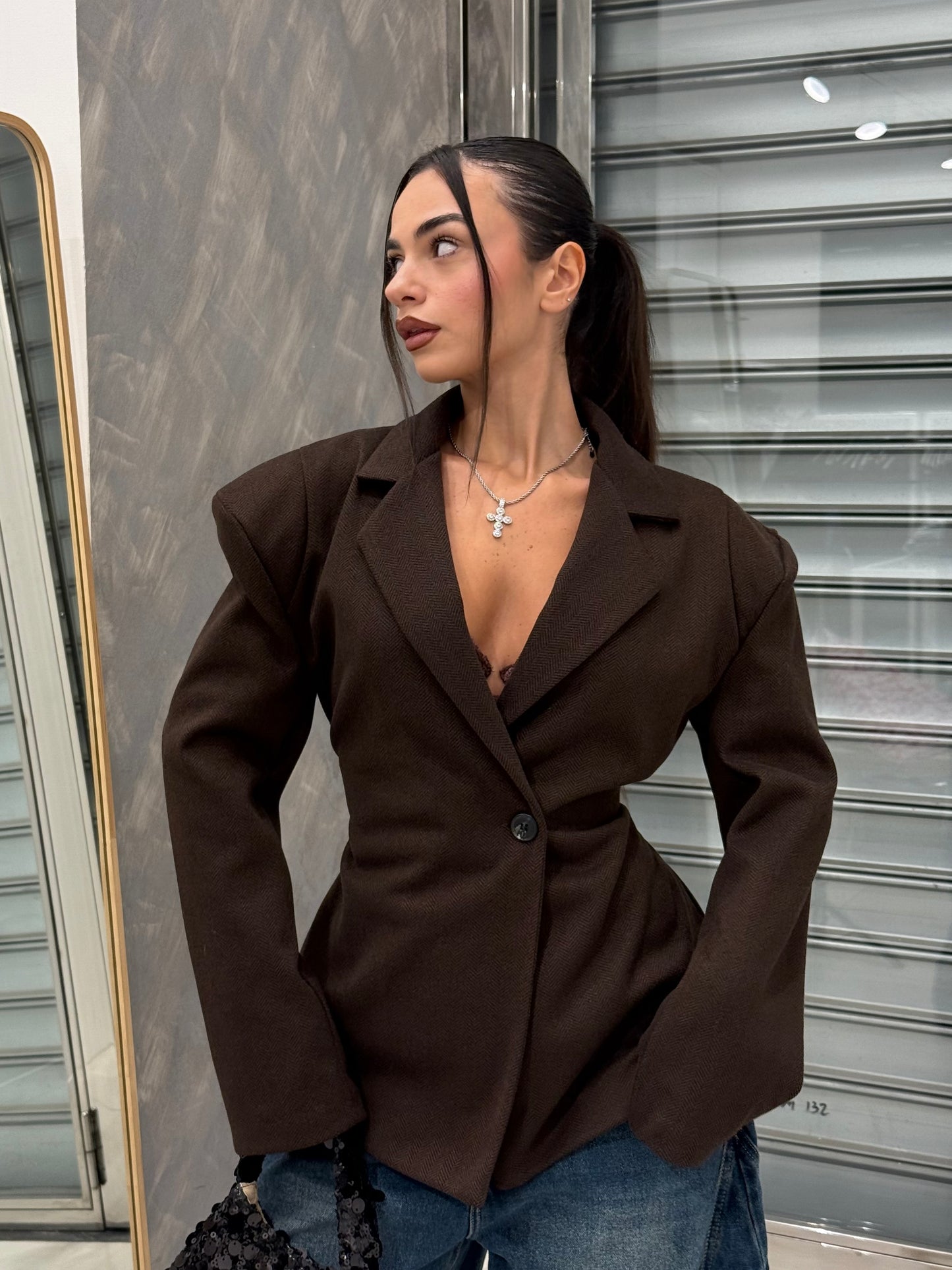 BLAZER EFFETTO BUSTINO CHIUSURA ASIMMETRICA MARRONE