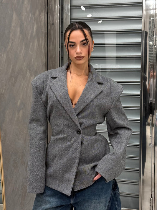 BLAZER EFFETTO BUSTINO CHIUSURA ASIMMETRICA GRIGIO