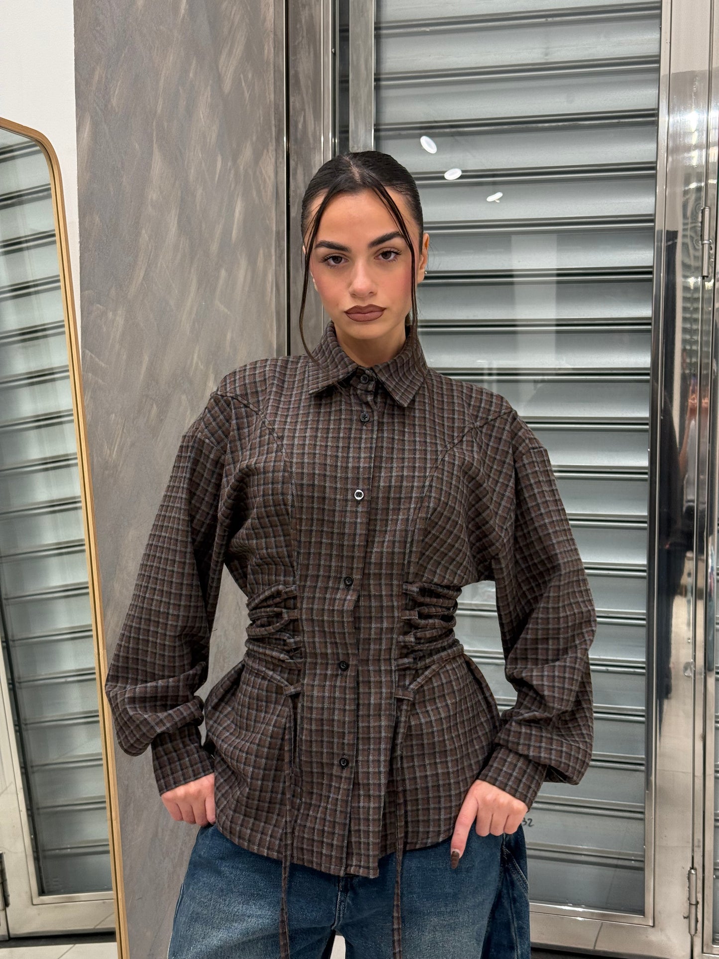 CAMICIA EFFETTO BUSTINO QUADRONI MARRONE