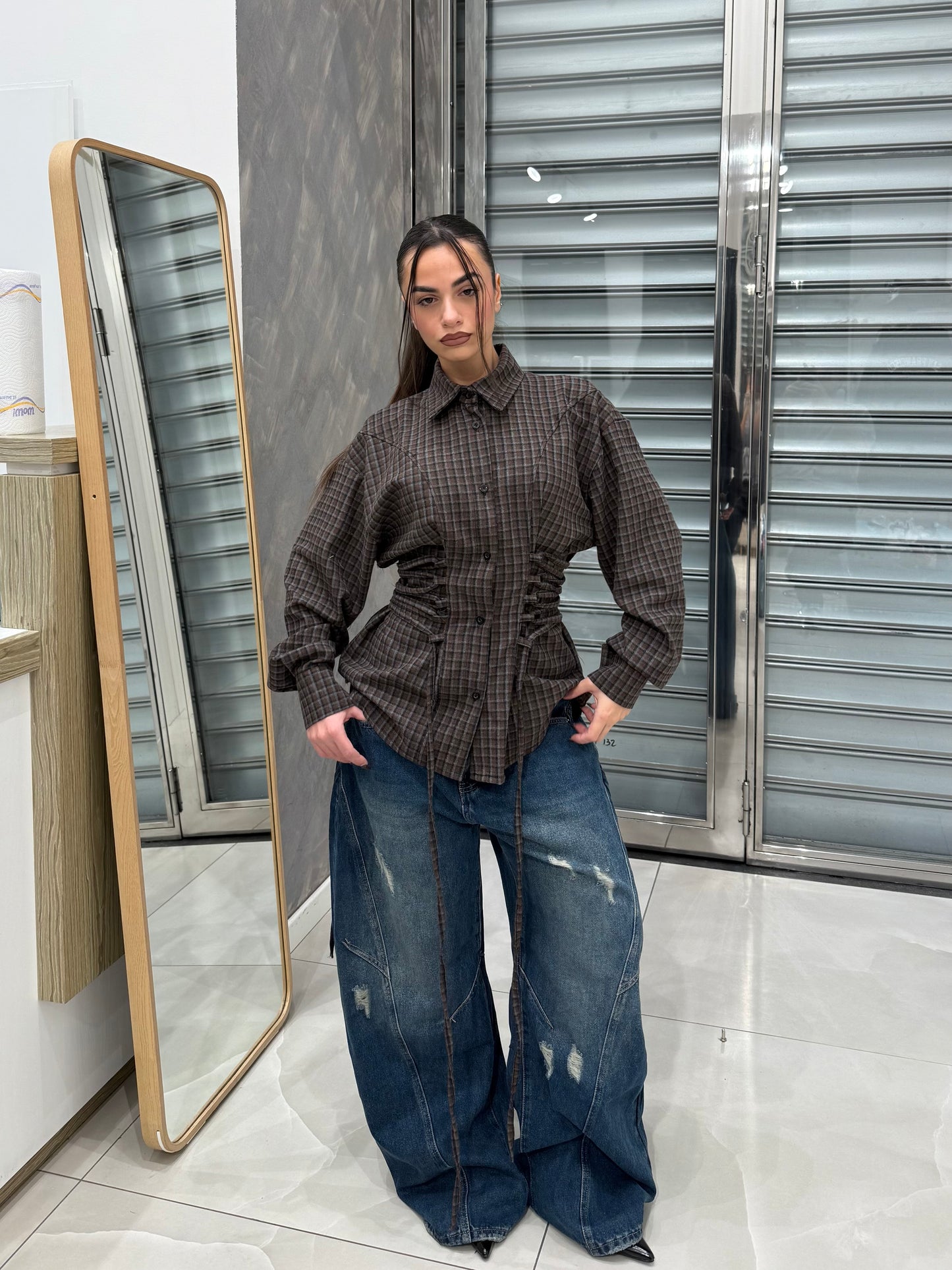 CAMICIA EFFETTO BUSTINO QUADRONI MARRONE