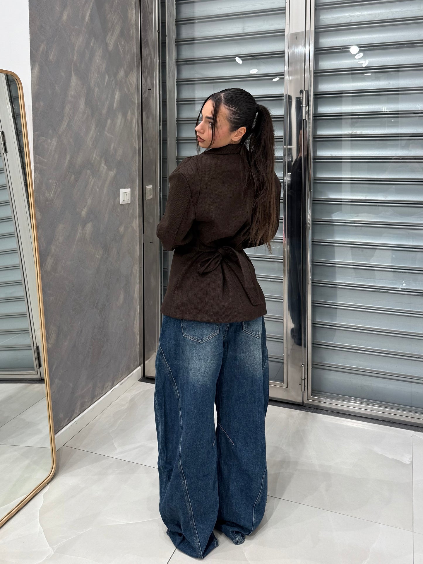 BLAZER EFFETTO BUSTINO CHIUSURA ASIMMETRICA MARRONE