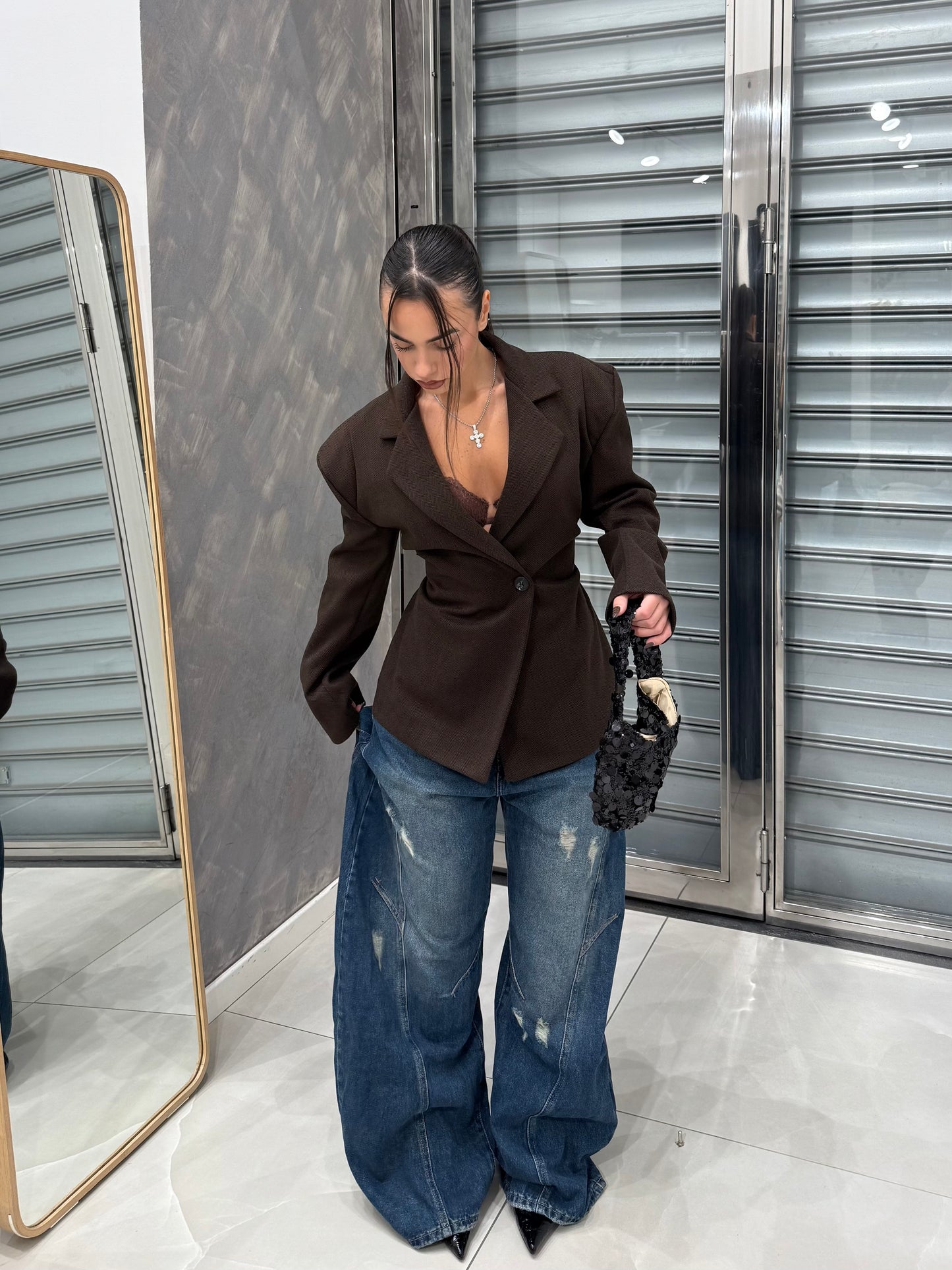 BLAZER EFFETTO BUSTINO CHIUSURA ASIMMETRICA MARRONE